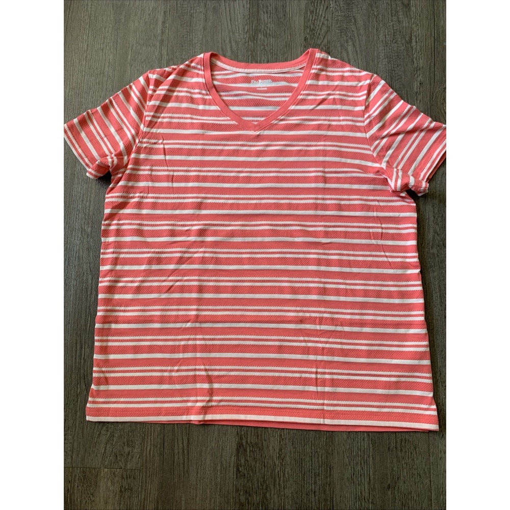Kim Rogers Womens Pink White Striped V-Neck T-Shirt Large